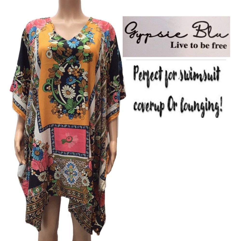 Gypsie Blu Boho Floral Kimono Kaftan Swimsuit Coverup Dress One Size